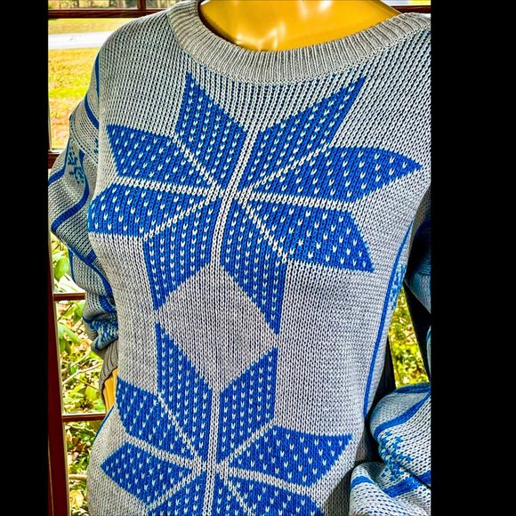 ▪️VTG▪️CHARILE ROMEO▪️1980's Gray & Blue Retro Snowflake & Stripe Sweater - Picture 4 of 7